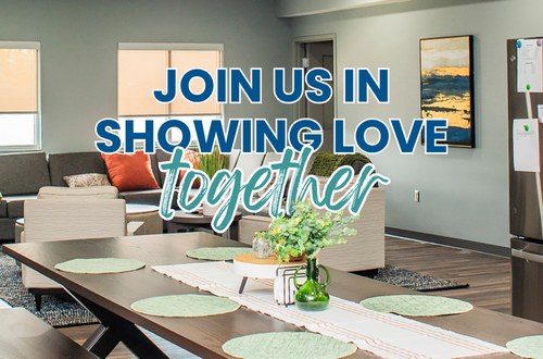 a image of a living space with blue and teal text that reads 