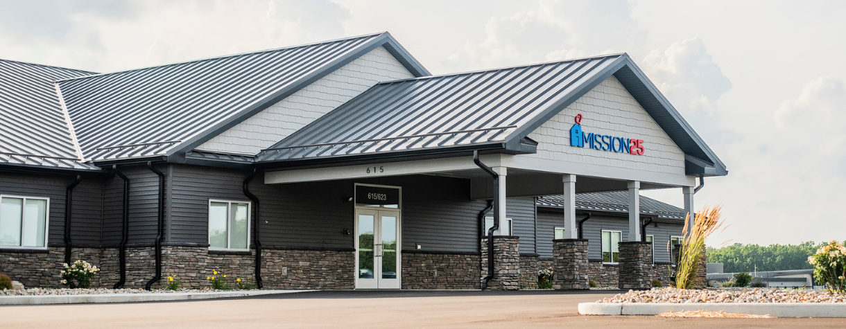 a large grey building with 